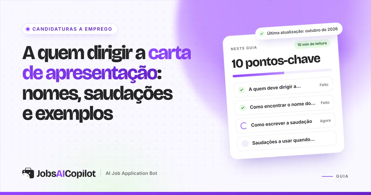 Capa do guia sobre a quem dirigir a carta de apresentação com os pontos-chave: destinatário, como achar o nome e saudação