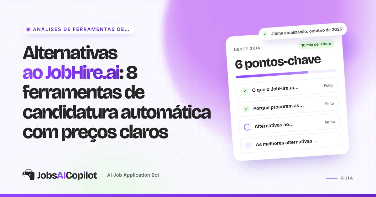 Capa «Alternativas ao JobHire.ai» com os pontos-chave: o que oferece, como cobra, porque mudar e comparação