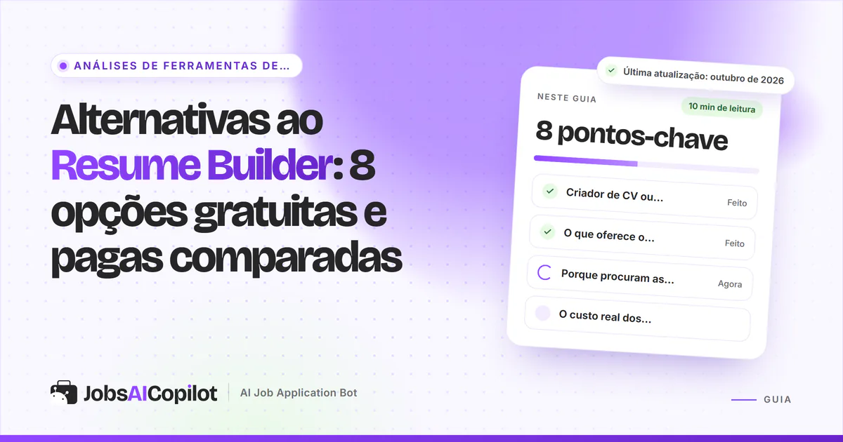 Capa «Alternativas ao Resume Builder» com os pontos-chave: criador de CV ou ResumeBuilder.com, o que oferece e custos