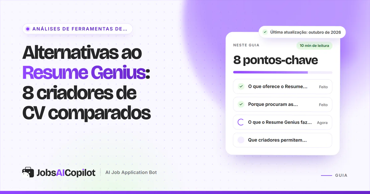 Capa «Alternativas ao Resume Genius» com os pontos-chave: o que oferece, porque mudar e o que faz bem