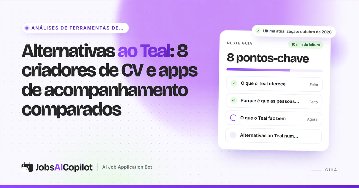 Capa «Alternativas ao Teal» com os pontos-chave: criador de CV e acompanhamento, porque mudar e o que faz bem