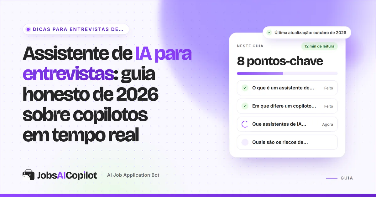 Candidato numa entrevista por vídeo a ponderar entre um copiloto de IA em direto e a simulação de entrevista
