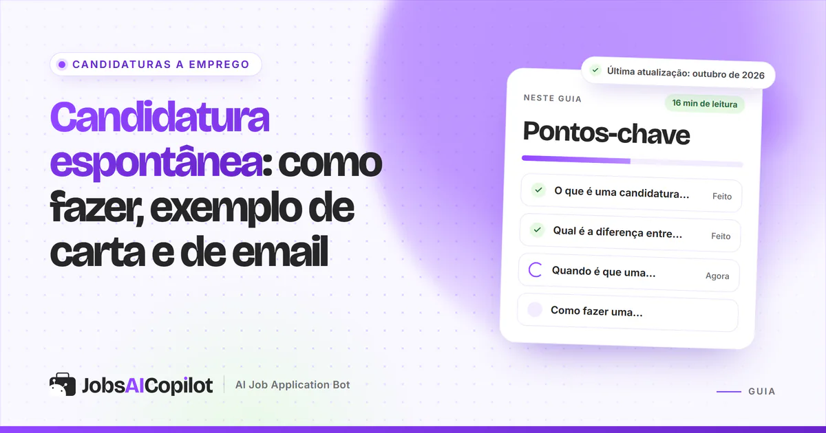 Candidatura espontânea: uma carta curta e um email enviados a uma empresa sem oferta, numa capa violeta do JobsAICopilot