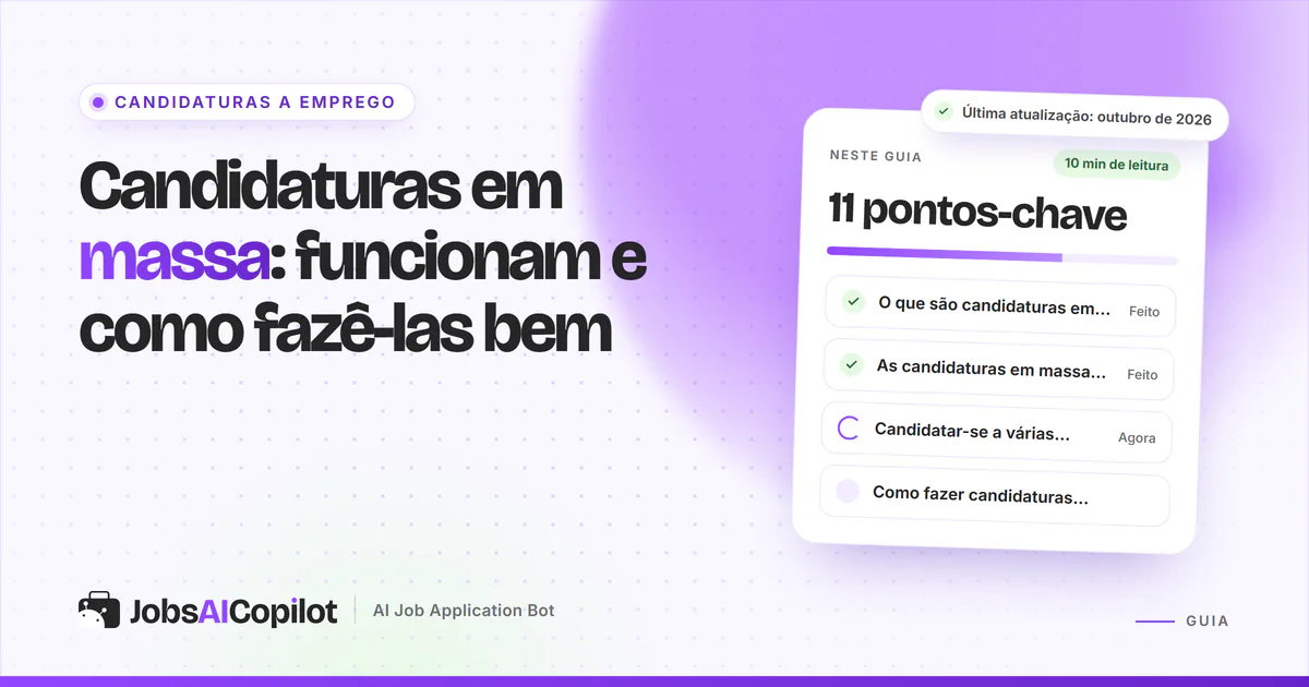 Capa do guia de candidaturas em massa com os pontos-chave: o que são, o que mostram os dados de 2026 e como fazer