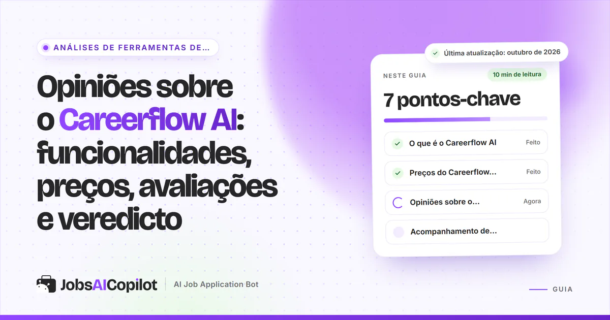 Capa de análise do Careerflow AI com os pontos-chave: o que é, preços, opiniões de utilizadores e prós e contras