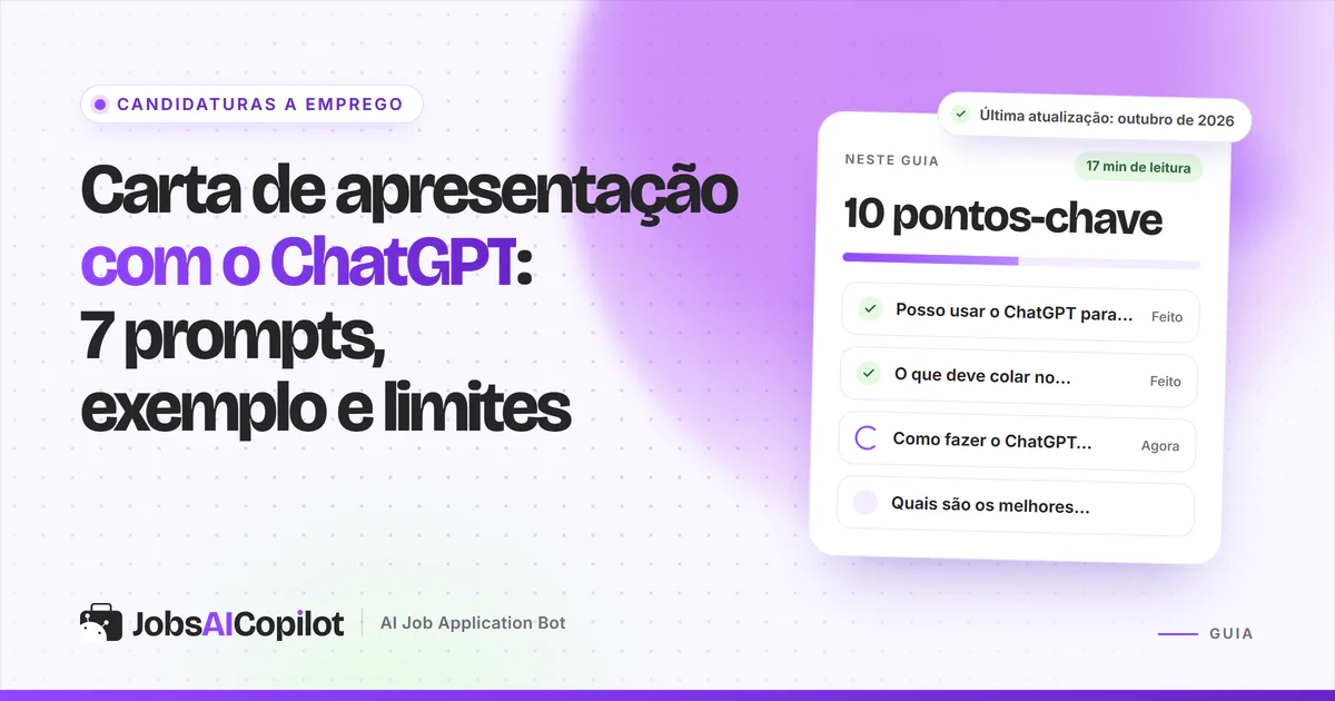 Carta de apresentação feita com o ChatGPT, com frases genéricas riscadas e corrigidas, numa capa violeta do JobsAICopilot