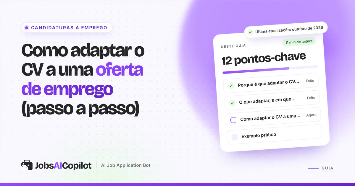 Capa do guia para adaptar o CV a uma oferta de emprego com os pontos-chave: porque importa, o que adaptar e 9 passos