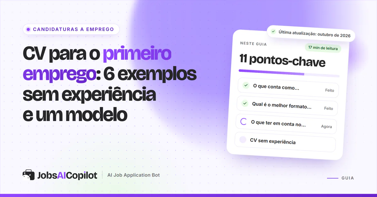 CV para o primeiro emprego: um CV de uma página com perfil, formação e competências numa capa violeta