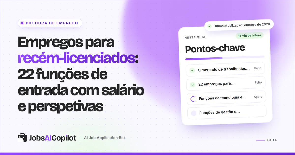 Capa dos empregos para recém-licenciados com os pontos-chave: o mercado em 2026, as 22 funções e áreas de tecnologia