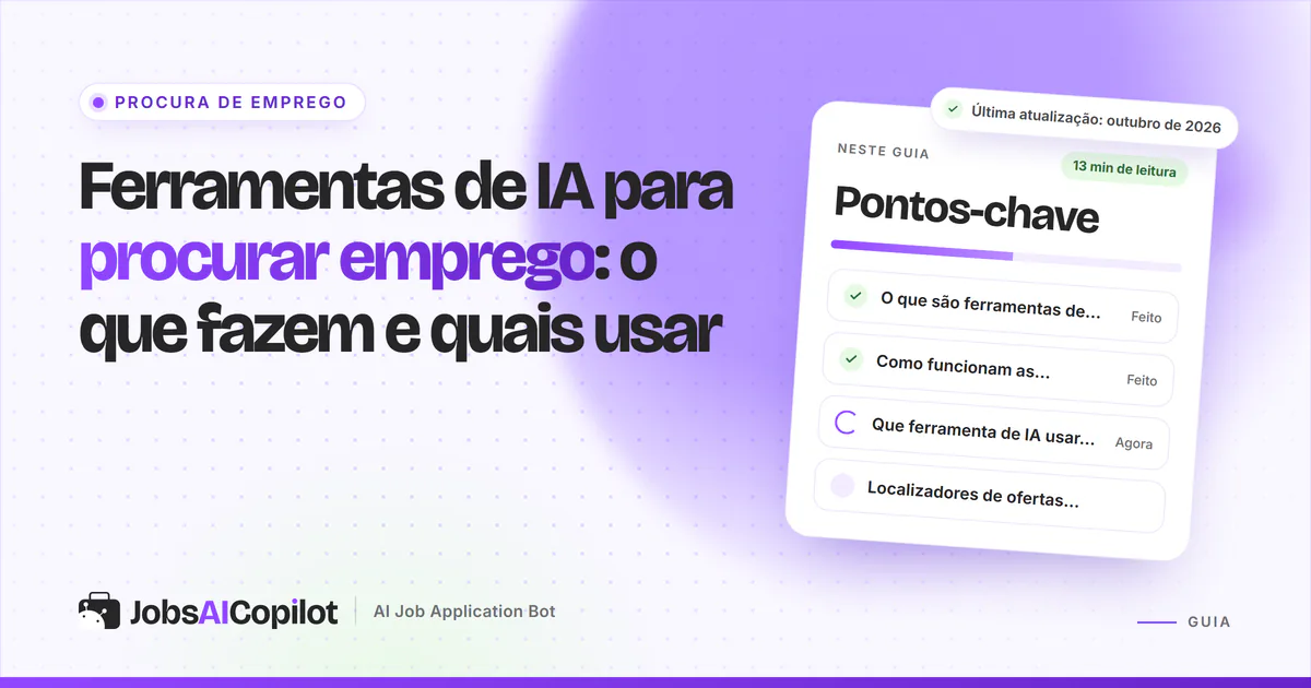 Capa do guia de ferramentas de IA para procurar emprego com os pontos-chave: o que são, como funcionam e quais usar