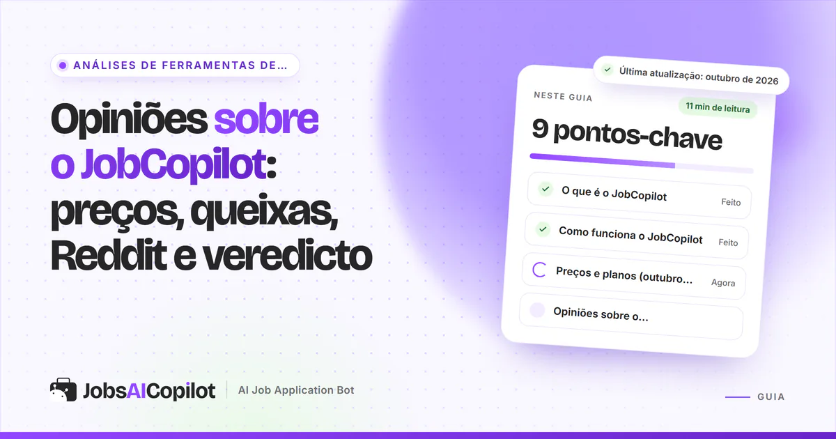 Capa de análise do JobCopilot com os pontos-chave: o que é, como funciona, preços e opiniões no Trustpilot e no Reddit