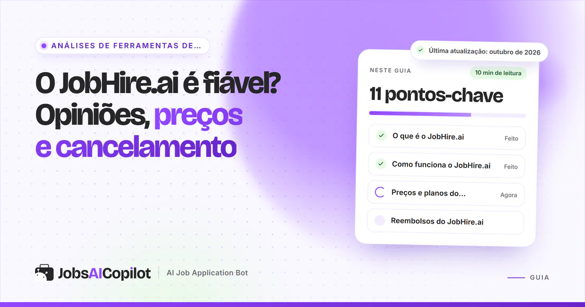 Capa de análise do JobHire.ai com os pontos-chave: o que é, como funciona, preços e a política de reembolso