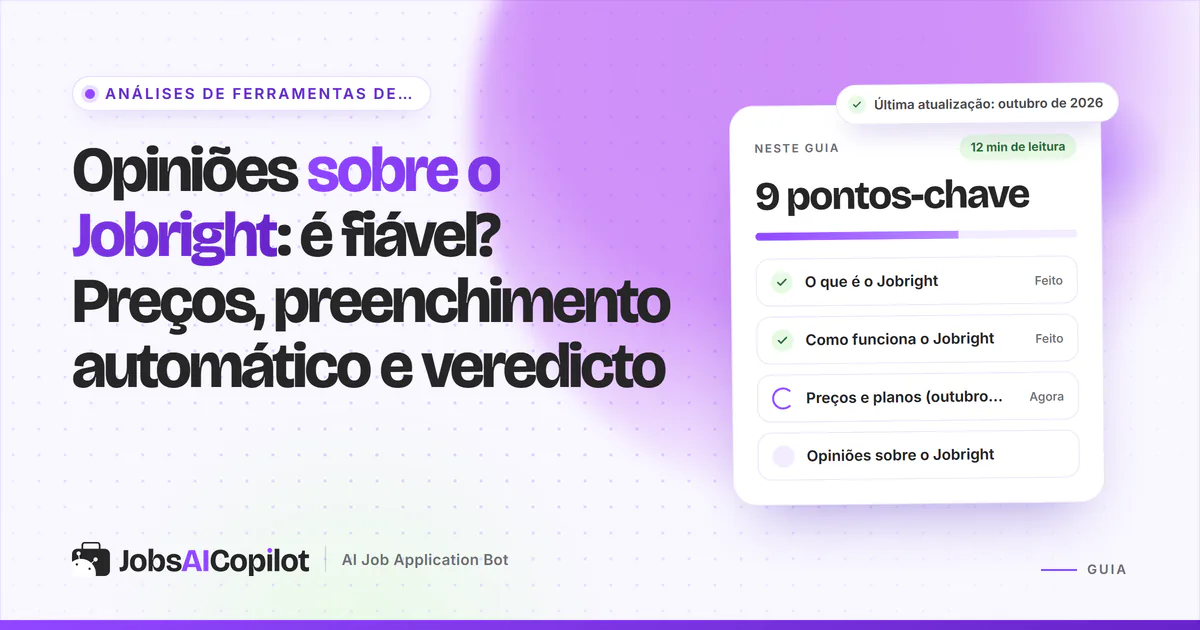 Capa de análise do Jobright com os pontos-chave: o que é, como funciona, preços e opiniões no Trustpilot e no Reddit