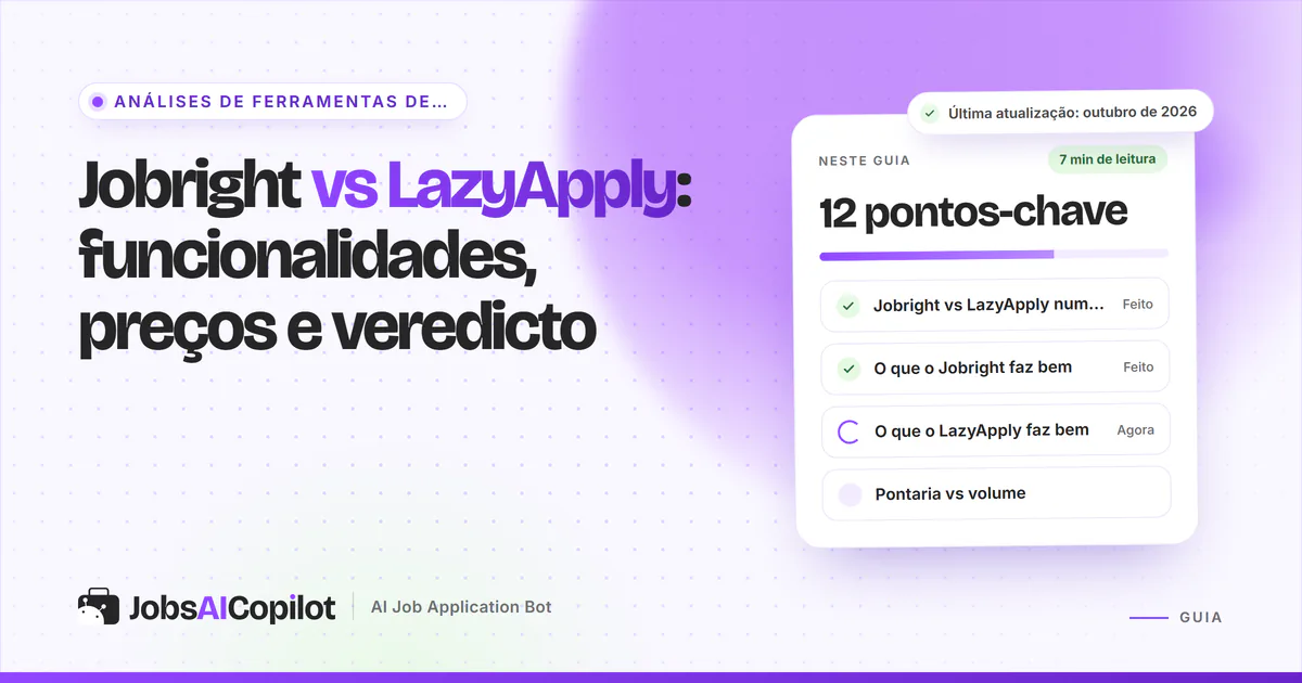 Capa Jobright vs LazyApply com os pontos-chave: comparação rápida, pontos fortes de cada um e alvo vs volume