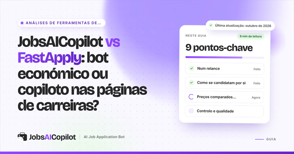 Capa JobsAICopilot vs FastApply com os pontos-chave: extensão de browser vs páginas de carreiras, preços e controlo
