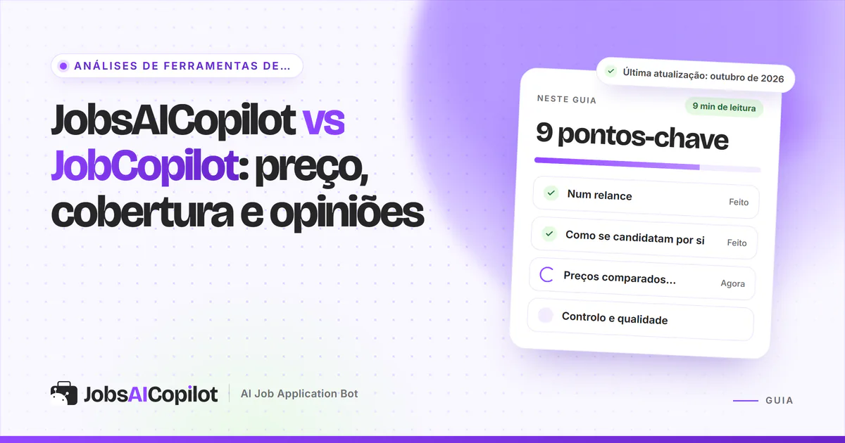 Capa JobsAICopilot vs JobCopilot com os pontos-chave: preço por dia vs plano completo, cobertura e opiniões