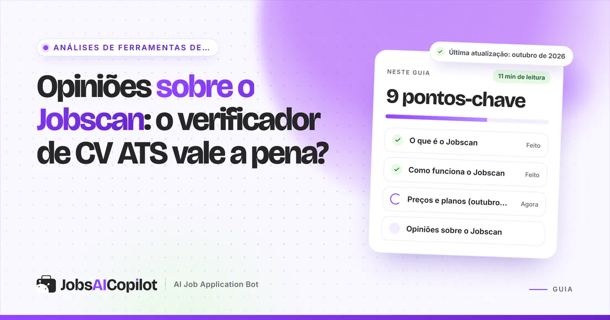 Capa de análise do Jobscan com os pontos-chave: o que é, como funciona, preços e opiniões no Trustpilot e no Reddit