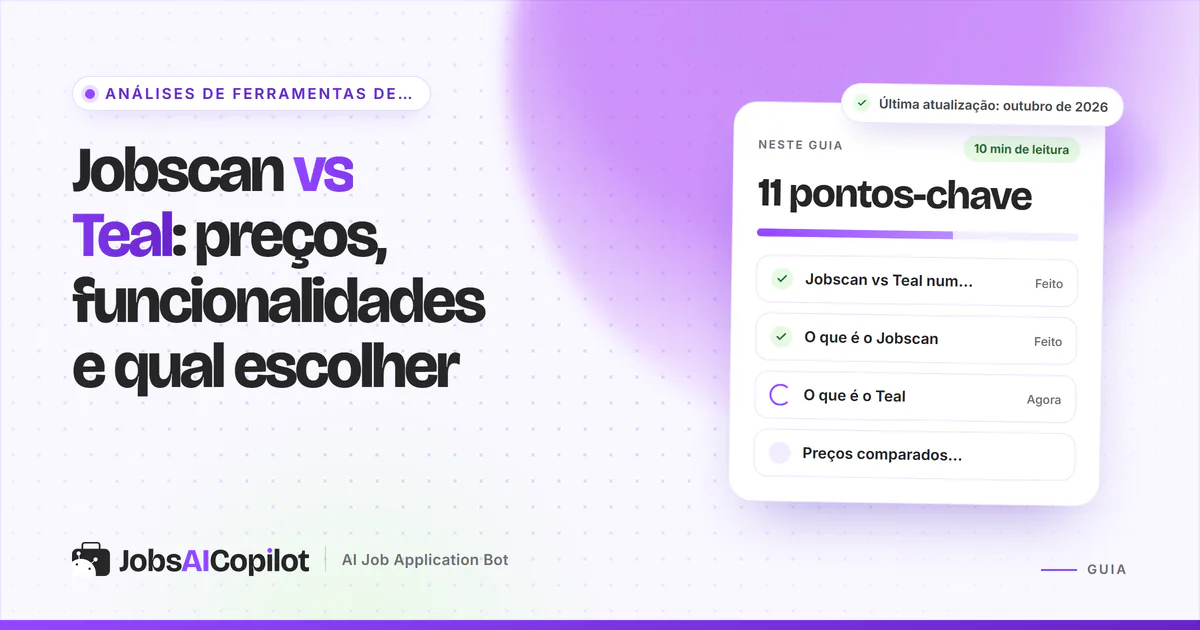 Capa Jobscan vs Teal com os pontos-chave: comparação rápida, o que é o Jobscan, o que é o Teal e preços
