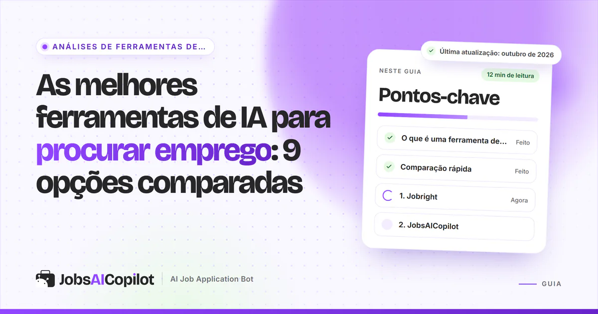 Capa das 9 melhores ferramentas de IA para procurar emprego com os pontos-chave: o que conta e comparação rápida