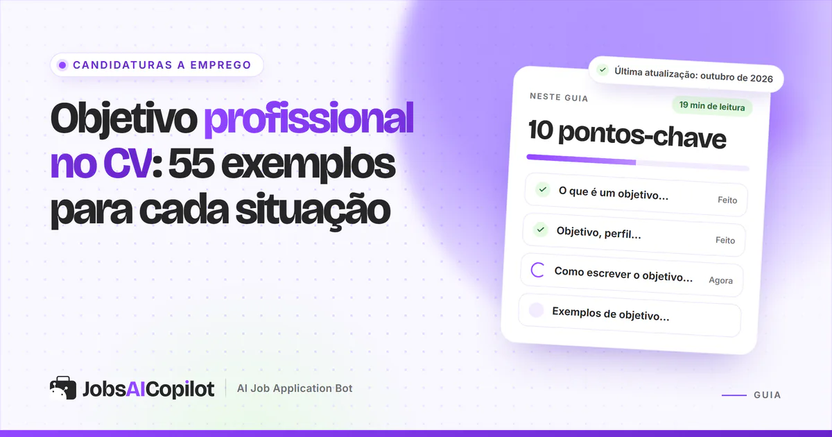 Exemplos de objetivo profissional: cabeçalho de um CV com uma frase de objetivo destacada numa capa violeta