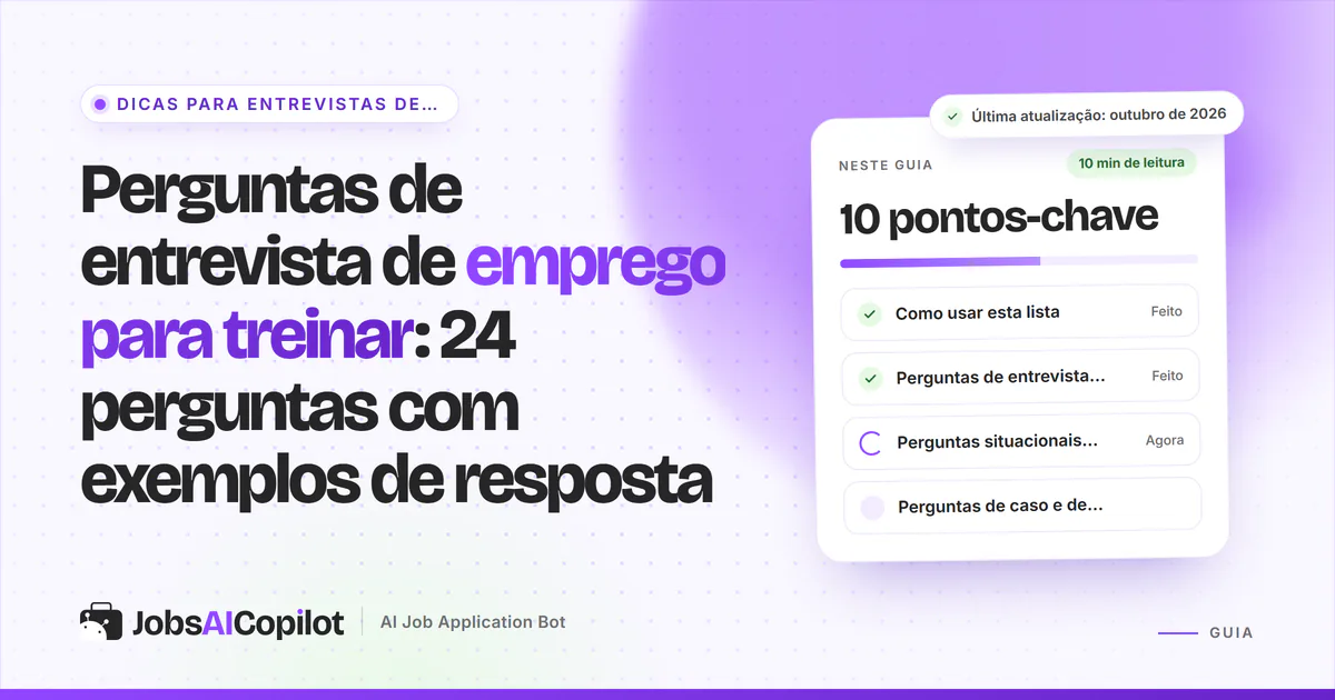 Capa com 24 perguntas de entrevista para treinar e os pontos-chave: como usar a lista, perguntas comuns e comportamentais