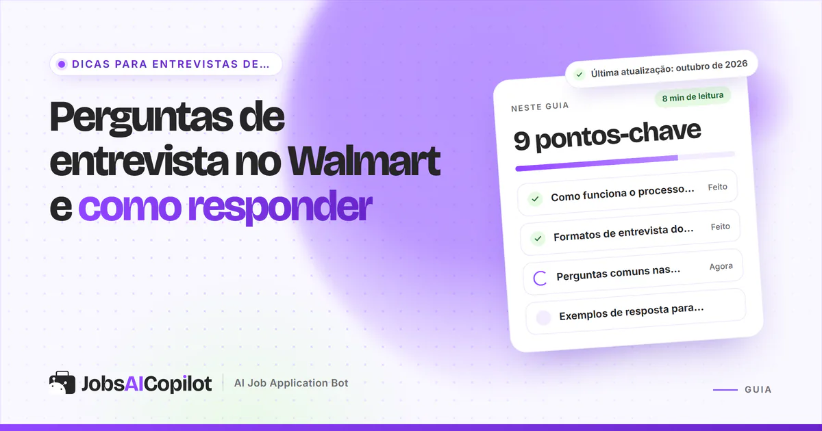 Capa do guia de entrevistas no Walmart com os pontos-chave: processo de recrutamento, formatos e perguntas comuns