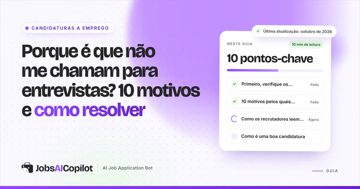 Capa do guia «Porque é que não me chamam para entrevistas?» com os pontos-chave: os seus números e 10 motivos