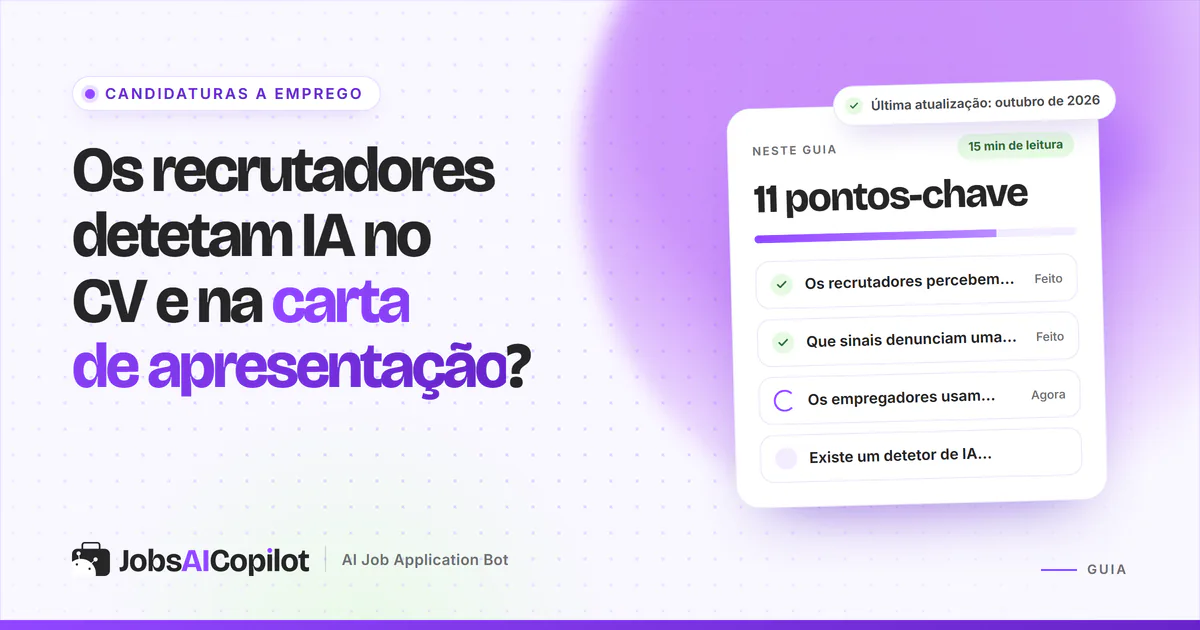Os recrutadores detetam IA no CV: um CV e uma carta de apresentação sob uma lupa, numa capa violeta do JobsAICopilot