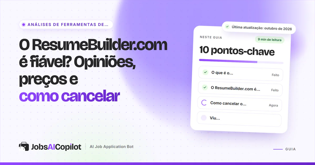 Capa sobre se o ResumeBuilder.com é fiável, com os pontos-chave: o que é, preços, cancelamento e reembolso