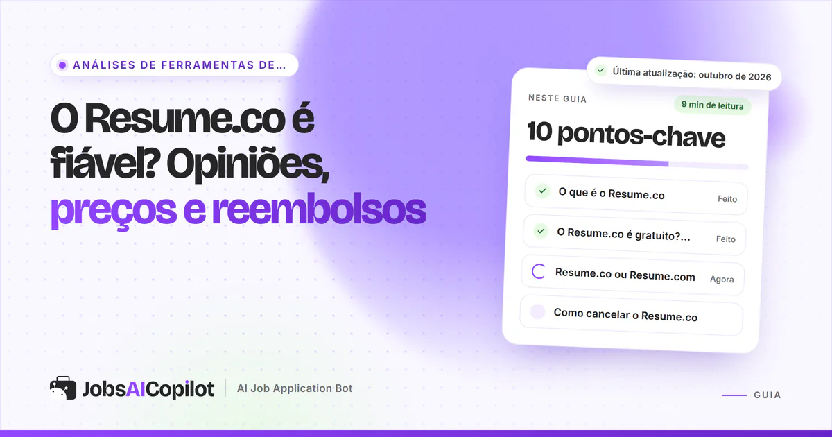Capa sobre se o Resume.co é fiável, com os pontos-chave: o que é, preços, Resume.co ou Resume.com e cancelamento