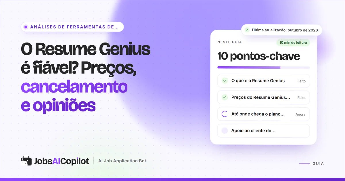 Capa sobre se o Resume Genius é fiável, com os pontos-chave: o que é, preços, o plano gratuito e como cancelar
