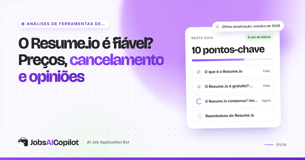 Capa sobre se o Resume.io é fiável, com os pontos-chave: o que é, preços, se vale a pena e reembolsos