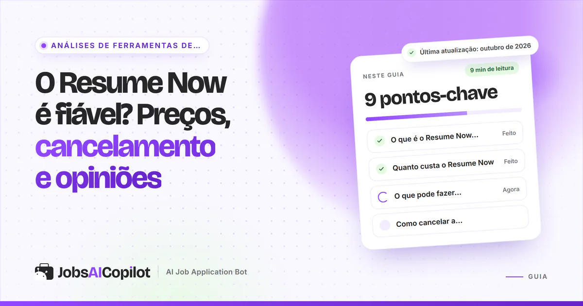 Capa sobre se o Resume Now é fiável, com os pontos-chave: o que é, quanto custa, o que é grátis e como cancelar