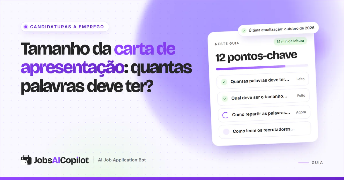 Tamanho da carta de apresentação: uma carta de uma página com 250 a 400 palavras numa capa violeta do JobsAICopilot