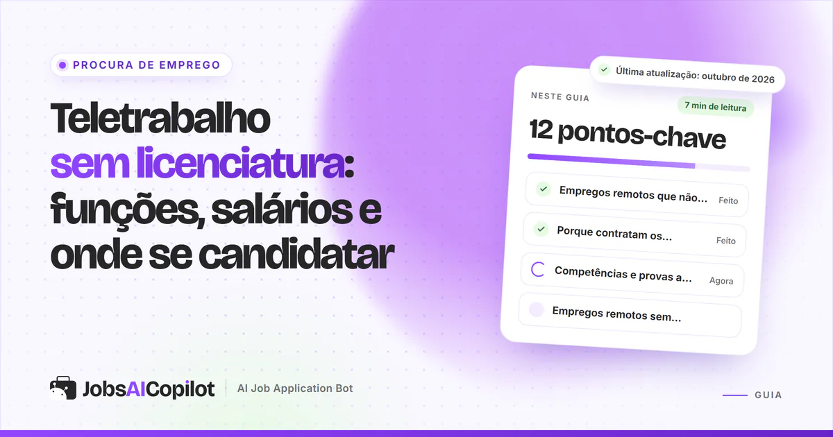 Capa do teletrabalho sem licenciatura com os pontos-chave: funções sem curso, porque contratam e competências