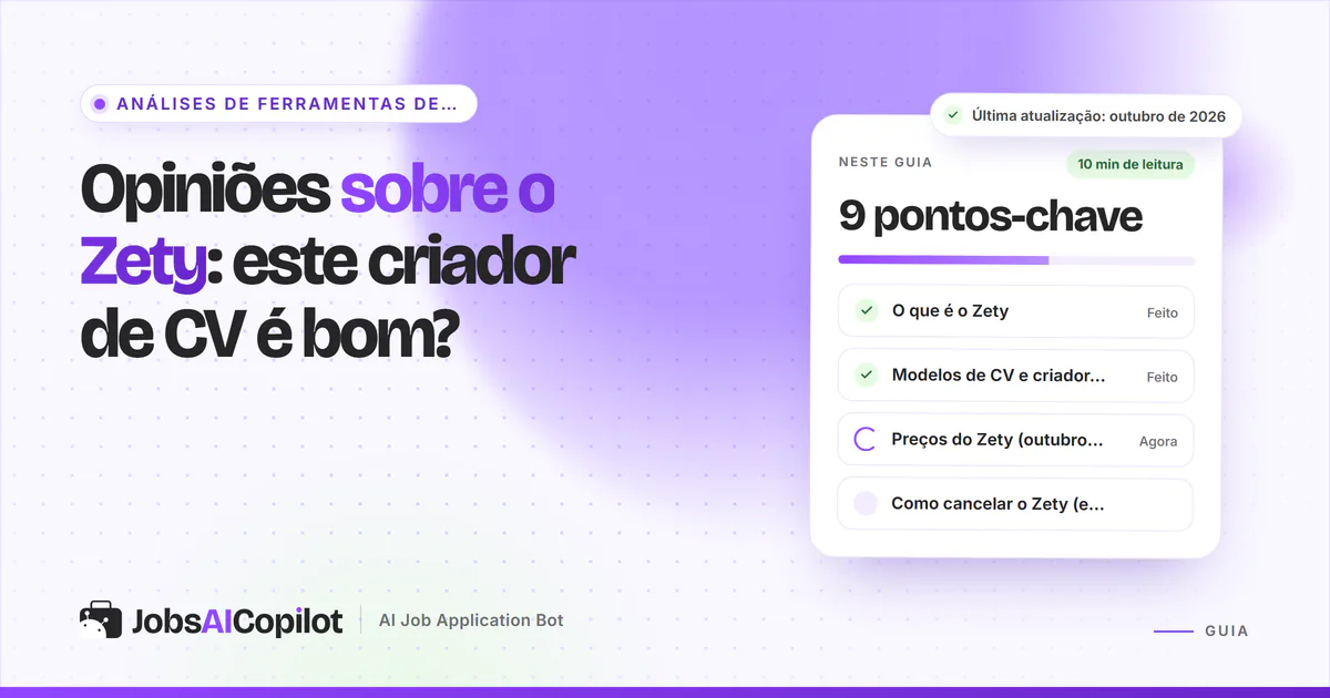 Capa de análise do Zety com os pontos-chave: o que é, modelos de CV e cartas e preços