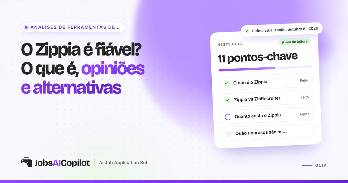 Capa sobre se o Zippia é fiável, com os pontos-chave: o que é, Zippia vs ZipRecruiter, preços e fiabilidade dos dados