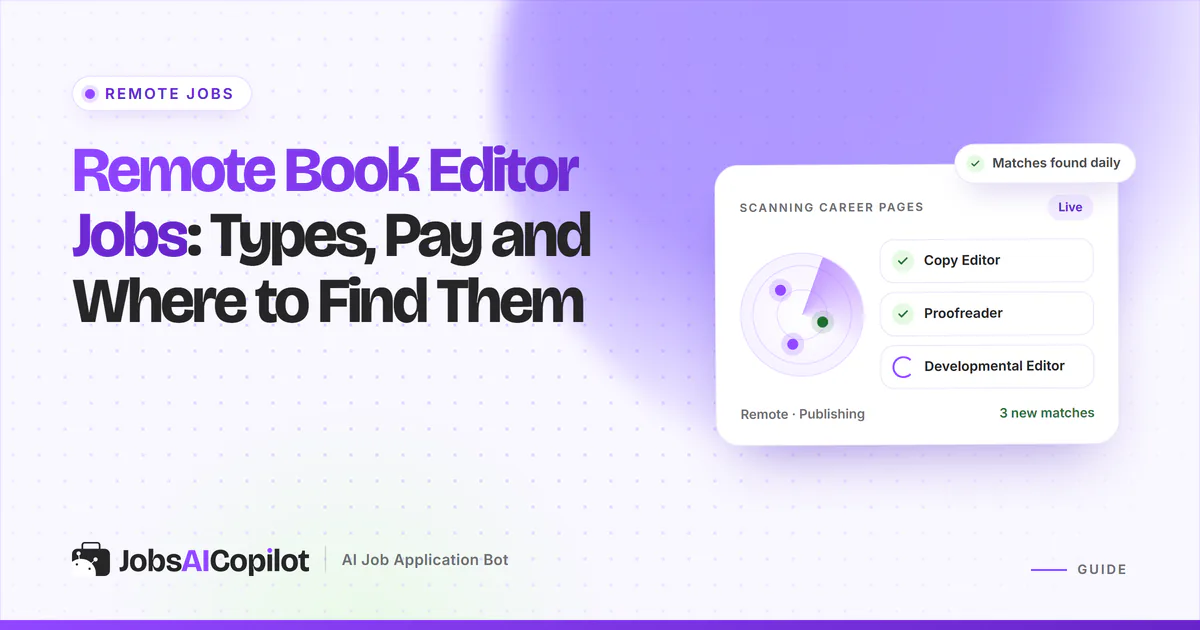 Remote Book Editor Jobs: job radar matching Copy Editor and Proofreader roles on a JobsAICopilot cover