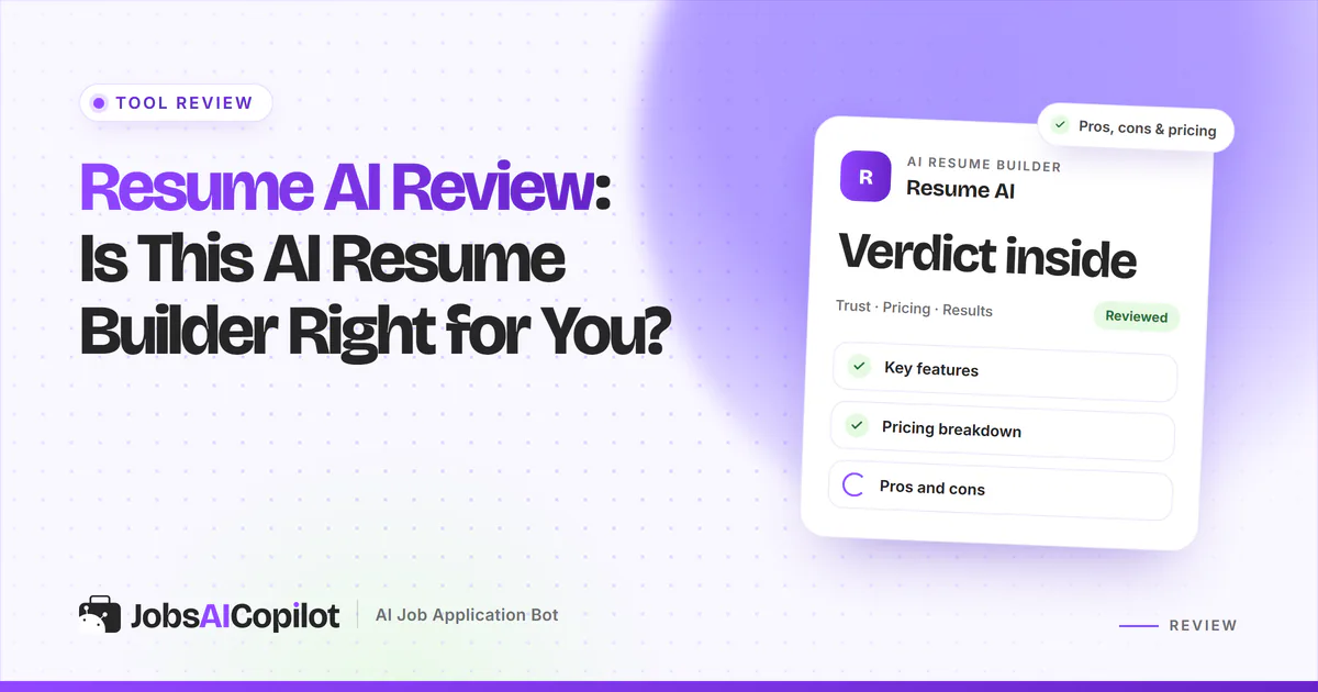 Resume AI review card covering key features, pricing breakdown and pros and cons on a violet JobsAICopilot cover