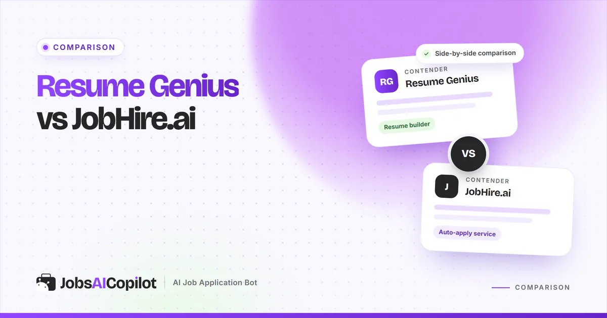 Resume Genius vs JobHire.ai comparison cards with a VS badge on a violet JobsAICopilot cover