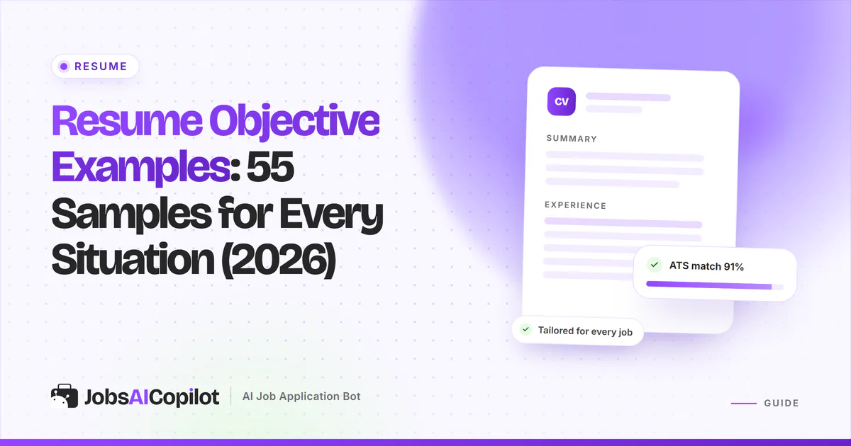 Resume objective examples: resume header with a short objective statement highlighted on a violet cover
