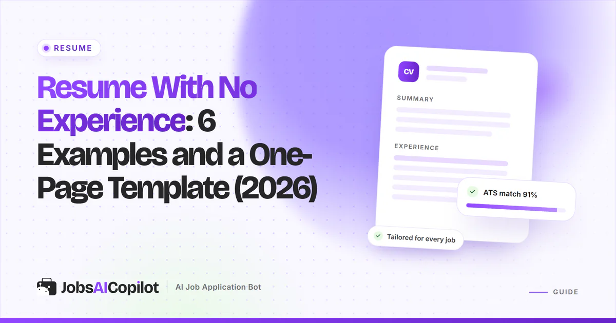 Resume with no experience: a one-page resume with skills and education sections on a violet JobsAICopilot cover