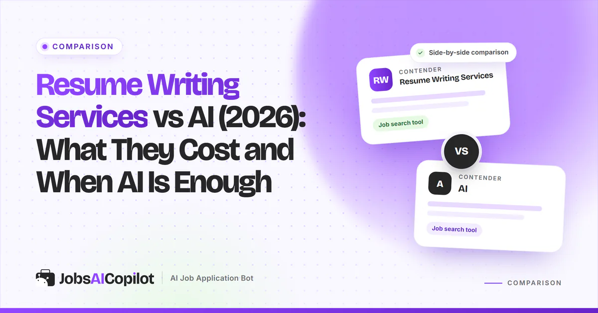 Price cards for a human resume writer and an AI resume builder side by side on a violet cover