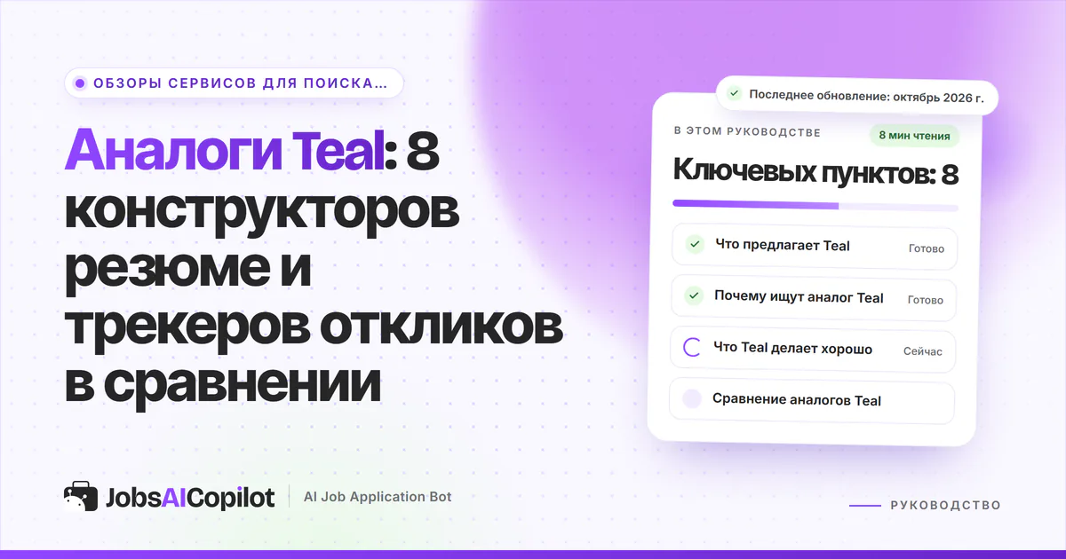 Обложка «Аналоги Teal»: конструктор резюме и трекер откликов Teal, зачем искать замену и сравнение
