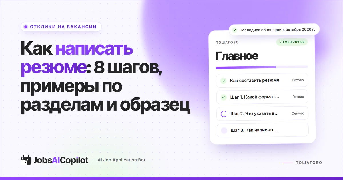 Как написать резюме: аккуратное резюме в одну колонку с выделенными разделами на фиолетовой обложке