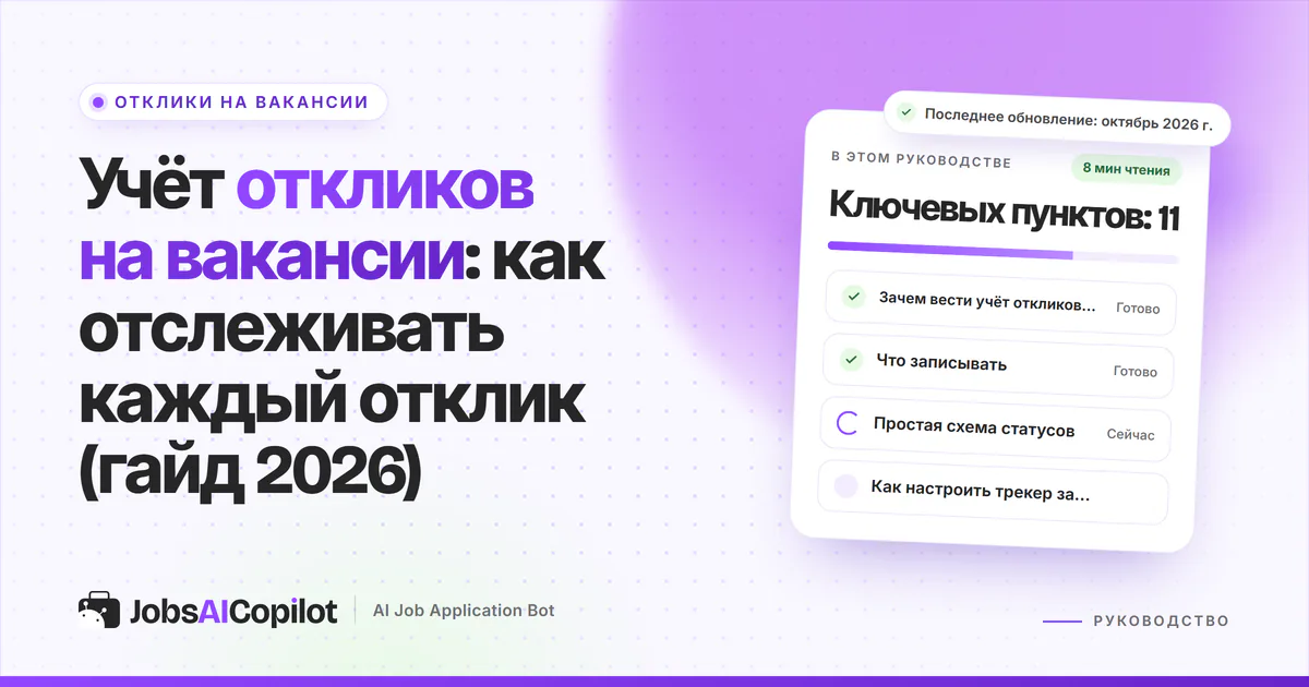 Обложка «Учёт откликов на вакансии»: зачем нужен трекер, какие колонки вести и простая схема статусов