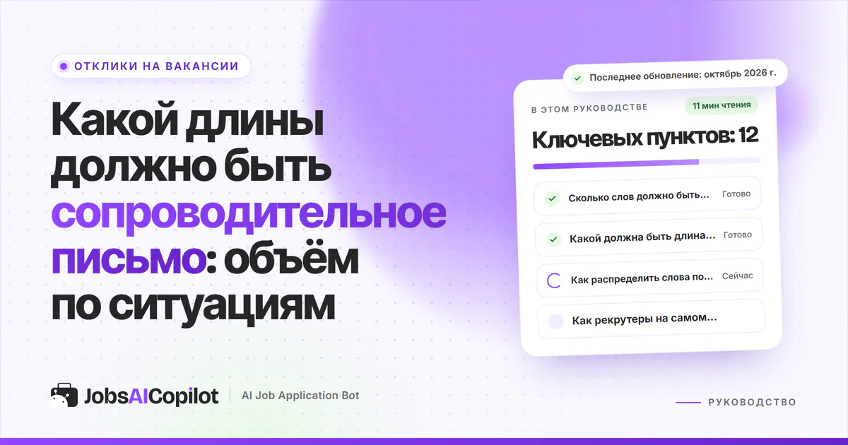 Объём сопроводительного письма: страница на 250–400 слов на фиолетовой обложке JobsAICopilot
