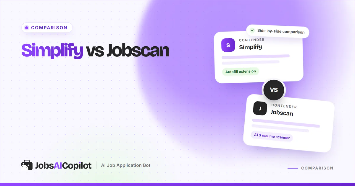 Simplify vs Jobscan comparison cards with a VS badge on a violet JobsAICopilot cover