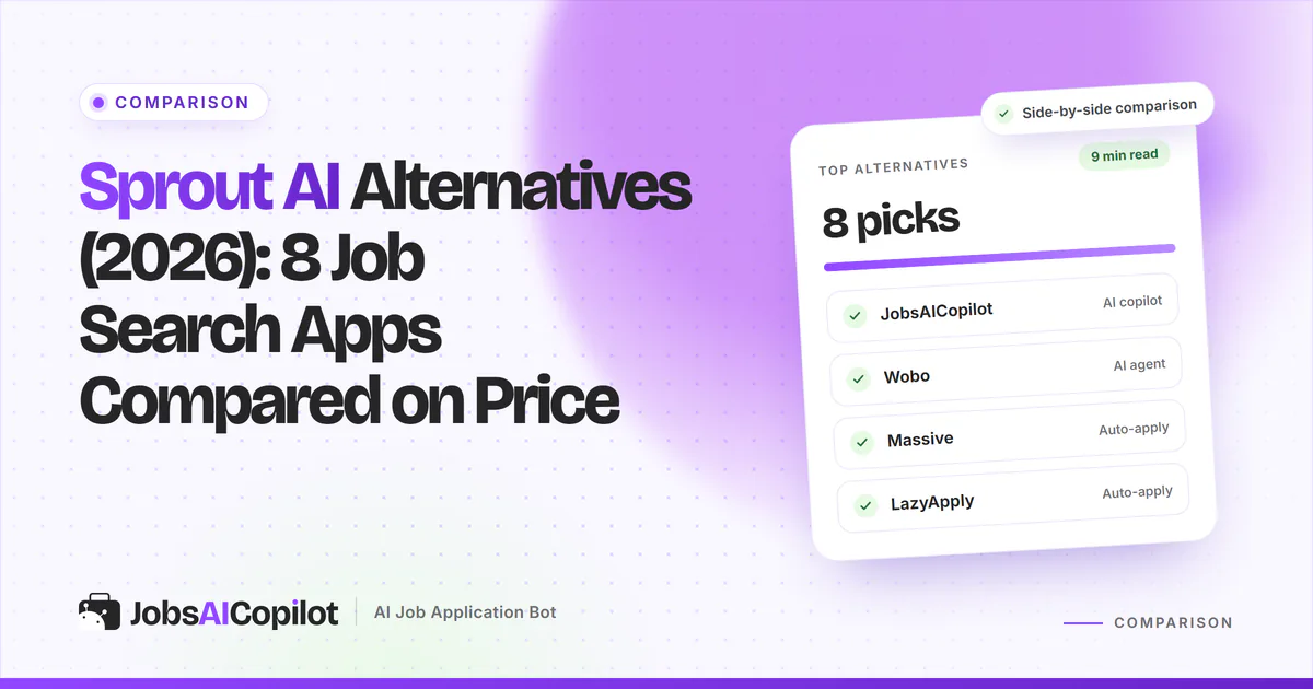 Sprout AI alternatives: eight job application tools compared on price per application, listed on a violet cover