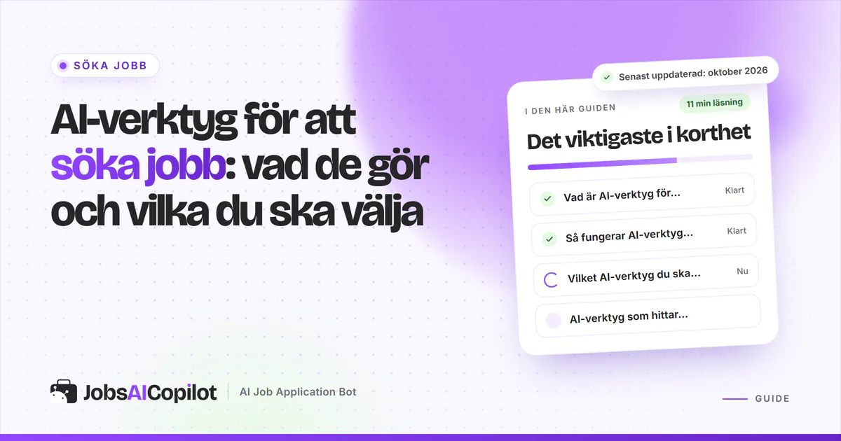 Guideomslag om AI-verktyg för att söka jobb med en checklista: vad verktygen är, hur de fungerar och vilka du ska välja